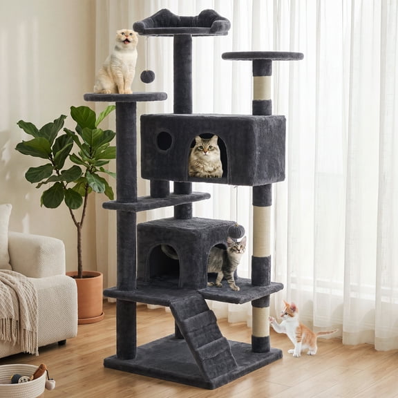 EDX 54" Cat Tree Tower for Indoor Cats, Multi-Level Pet Furniture with Sisal Scratching Post, Large Cozy Condo, Climbing Ramp, Kitten Toy, Dark Grey