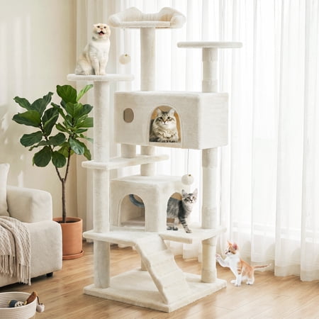 EDX 54" Cat Tree Tower for Indoor Cats, Multi-Level Pet Furniture with Sisal Scratching Post, Large Condo, Climbing Ladder, Kitten Toy, Beige