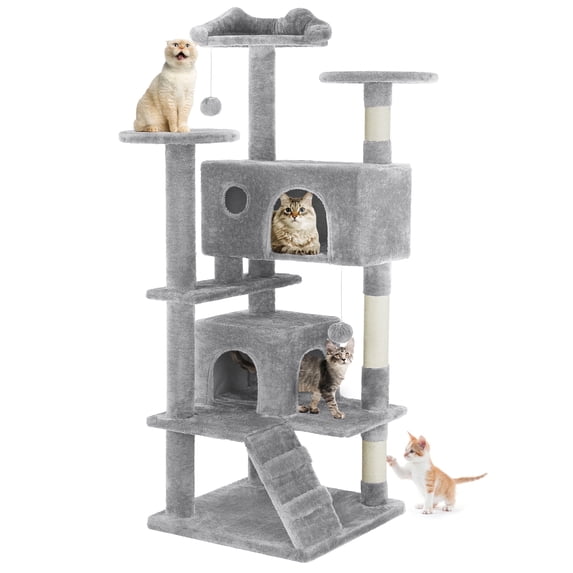 EDX 54" Cat Tree Tower for Indoor Cats, Multi-Level Pet Furniture with Sisal Scratching Post, Large Condo, Climbing Ladder, Kitten Toy, Light Grey