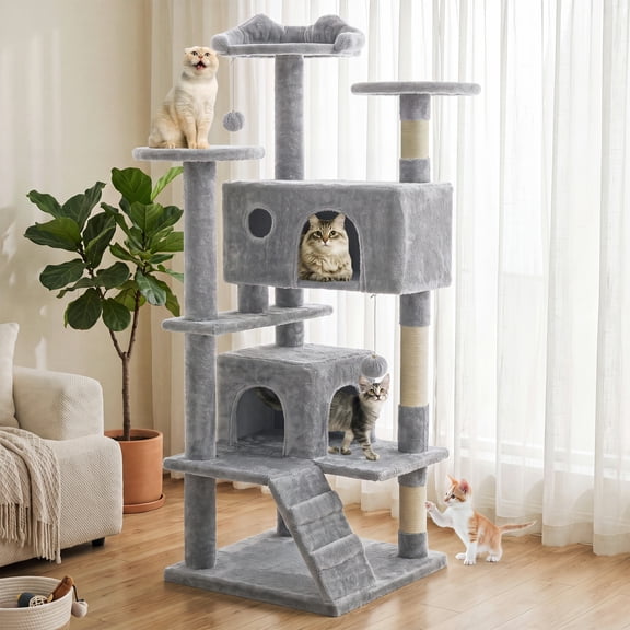 EDX 54" Cat Tree Tower for Indoor Cats, Multi-Level Pet Furniture with Sisal Scratching Post, Large Condo, Climbing Ladder, Kitten Toy, Light Grey