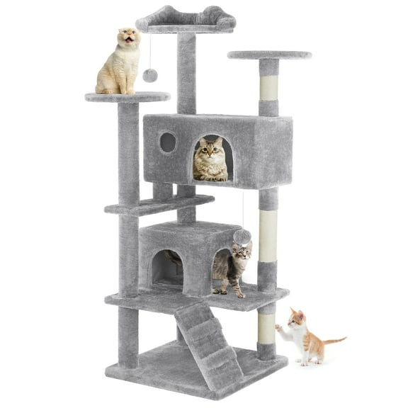 EDX 54" Cat Tree Tower for Indoor Cats, Multi-Level Pet Furniture with Sisal Scratching Post, Large Condo, Climbing Ladder, Kitten Toy, Light Gray