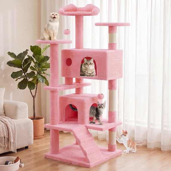 EDX 54" Cat Tree Tower for Indoor Cats, Multi-Level Pet Furniture with Sisal Scratching Post, Large Cozy Condo, Climbing Ramp, Kitten Toy, Pink