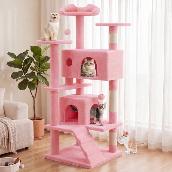 EDX 54" Cat Tree Tower for Indoor Cats, Multi-Level Pet Furniture with Sisal Scratching Post, Large Cozy Condo, Climbing Ramp, Kitten Toy, Pink