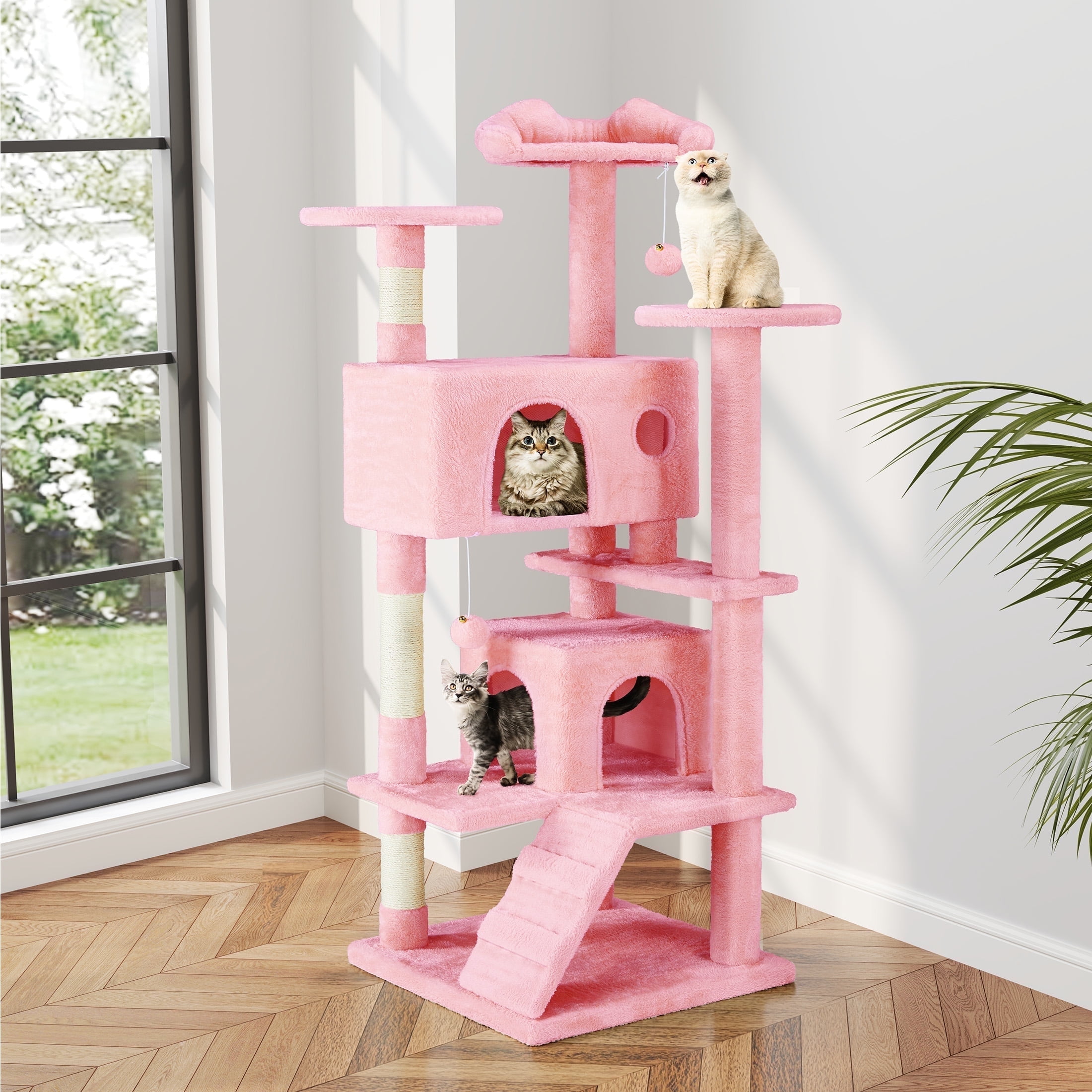 54in Pink Plush Multi-Level Cat Tree with Sisal Posts