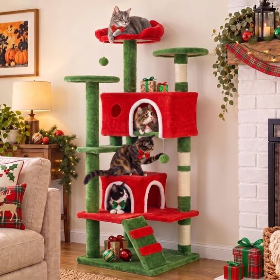 edx 54" Christmas Multi‑Level Cat Tree, Cat Tower with Full‑Wrapped Sisal Scratching Posts, 2 Condos & Hanging Toy for Active Adult Cats & Kittens, Red‑Green