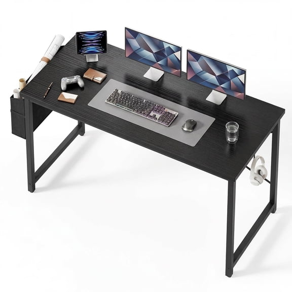 edx 55" Home Office Desk, Computer Desk with Storage Bag & Hook, Waterproof Top & Metal Frame, Modern Simple Study Writing Table for Bedroom, Black