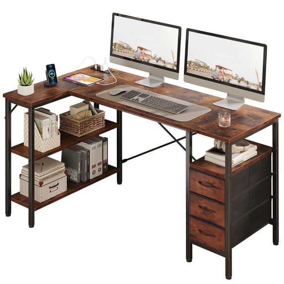 EDX 55 Inch L Shaped Desk with Power Outlets, Computer Desk with 3 Drawers, Shelves, Monitor Stand, for Gaming, Corner Work, Home Office, Study, Black