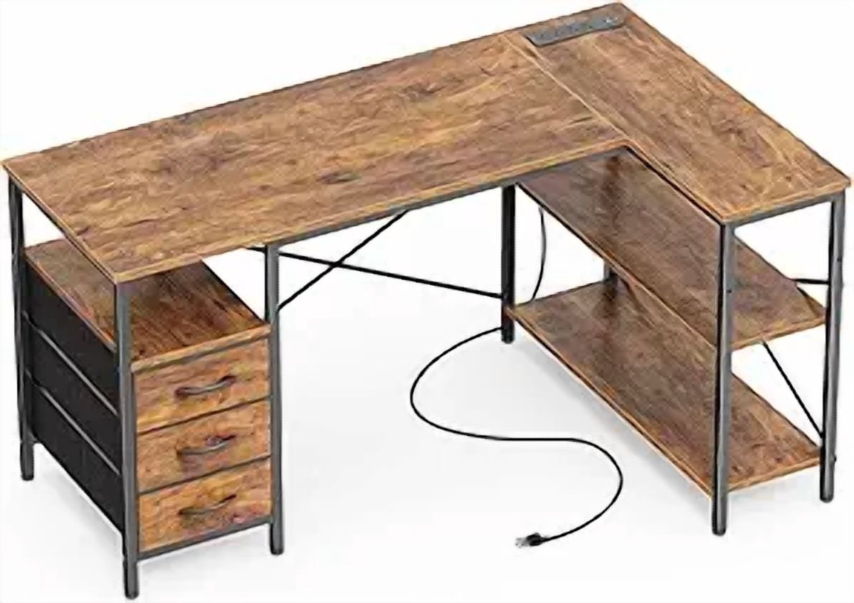 edx 55" L Shaped Computer Gaming Desk with 3 Drawers, Power Outlets, USB Ports, Monitor Stand, Corner Desk for Home Office, Rustic Brown