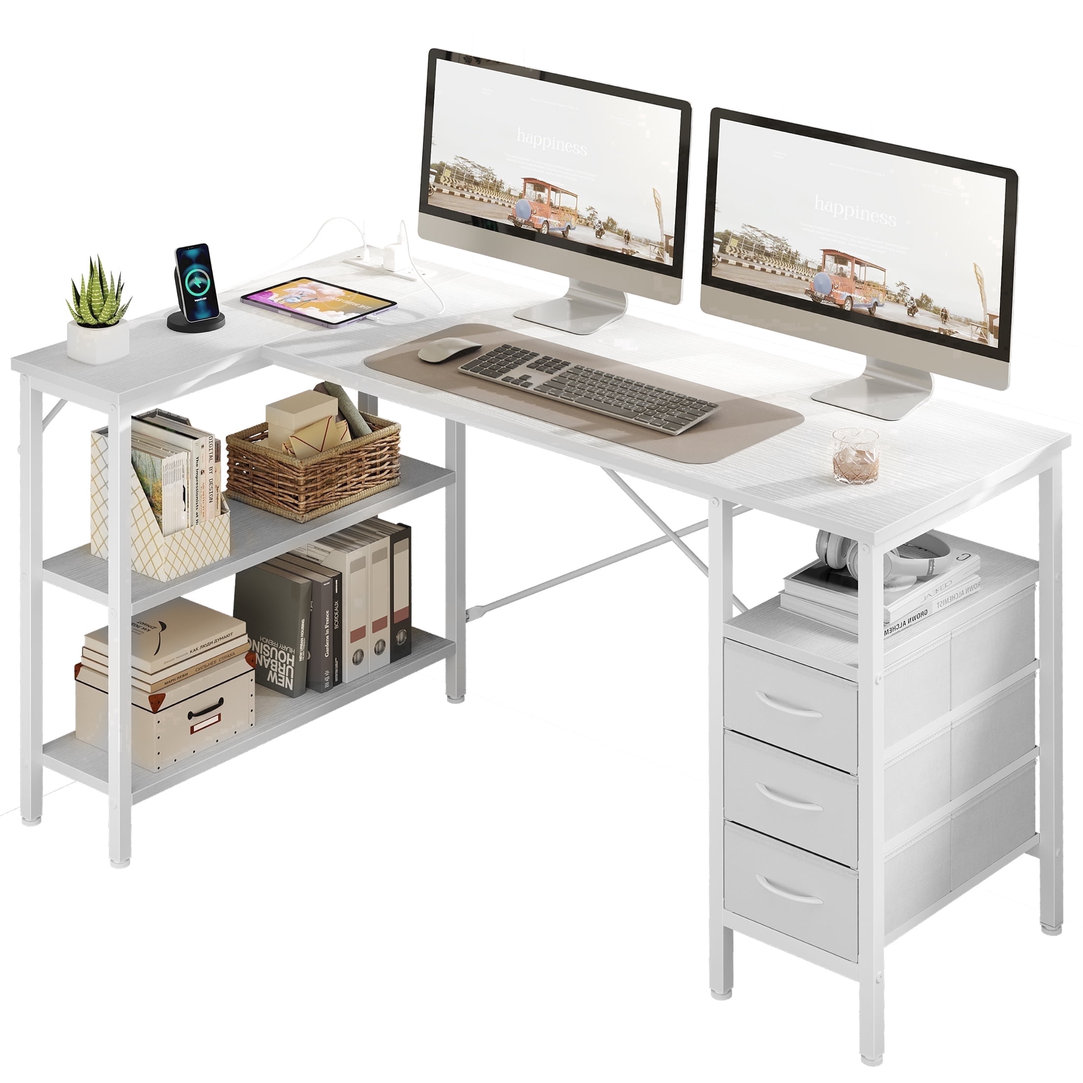 edx 55 Inch L Shaped Desk with Power Outlets, Computer Desk with 3 Drawers, Shelves, Monitor Stand, Corner Work, White