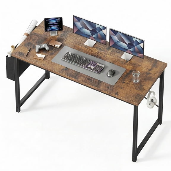 edx 55" Large Home Office Desk, Computer Desk with Storage Bag & Hook, Metal Frame, Modern Simple Study Writing Table for Bedroom, Rustic Brown