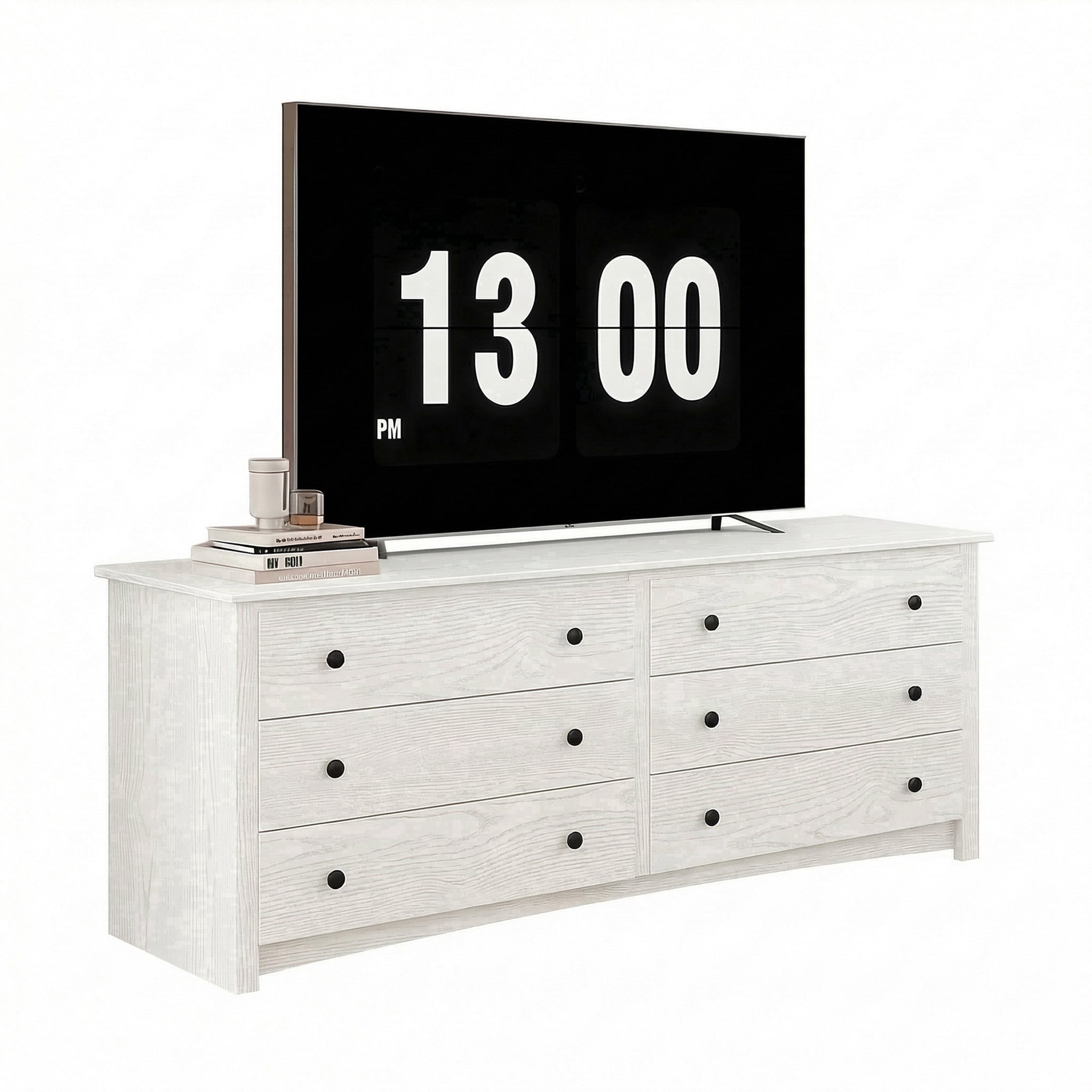 edx 59in Wood Dresser 6 Drawer, Brown Storage Cabinet, Vintage Dresser, Chest of Drawers for Bedroom and Living Room, White