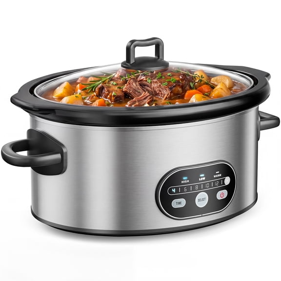 edx 6QT Slow Cooker, Stoneware Crock with Removable Pot, Stainless Steel, Sliver