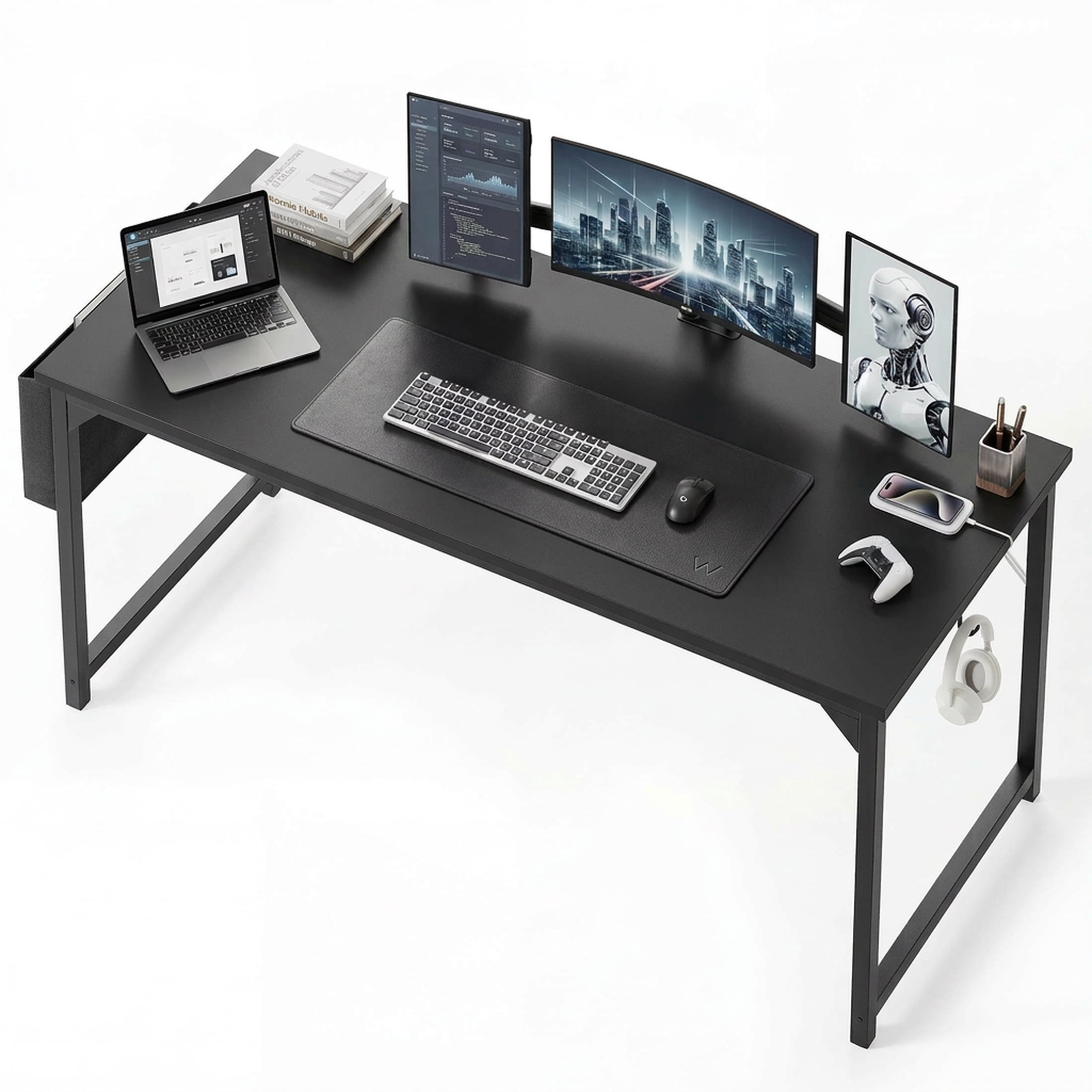 edx 63" Home Office Desk, Computer Desk with Storage Bag & Hook, Waterproof Top & Metal Frame, Modern Simple Study Writing Table for Bedroom, Black