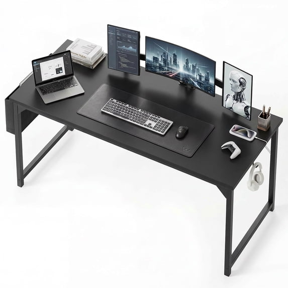 edx 63" Home Office Desk, Computer Desk with Storage Bag & Hook, Waterproof Top & Metal Frame, Modern Simple Study Writing Table for Bedroom, Black