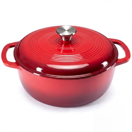 edx 6 Quart Enameled Cast Iron Dutch Oven with Lid, Heavy Duty Family Cooking Pot, Smooth Enamel Interior, 400°F Oven Safe, for Bread Baking, Braising, Stews, Roasting, Red
