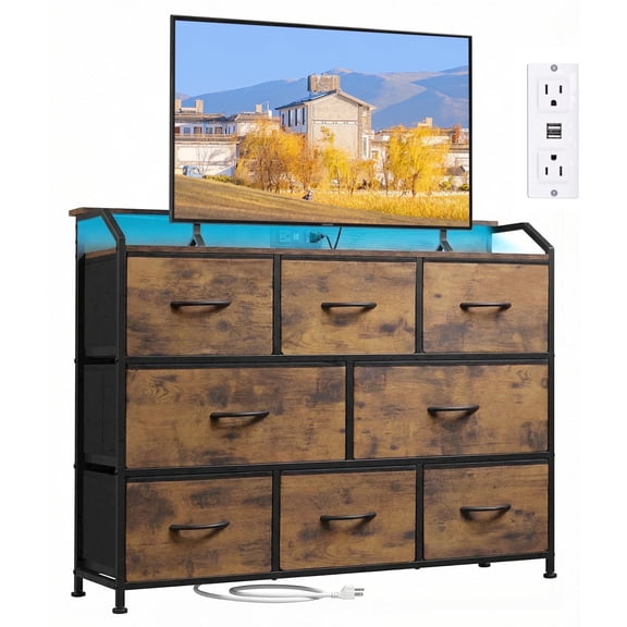 edx 8-Drawer Fabric Dresser with Power Outlets & LED Light, Multifunctional TV Stand Storage Cabinet for Bedroom, Living Room, Office & Hallway, Rust