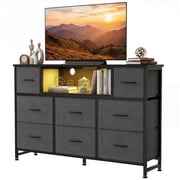 edx TV Stand with 8 Fabric Drawers, Open Shelves & LED & Power Outlets for Bedroom, Living Room, Entryway, Wood Top, Gray