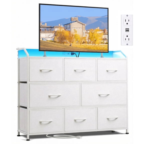 edx 8 Fabric Drawers Dresser with Power Outlets and LED Light, Multifunctional TV Stand and Storage Cabinet, for Bedroom, Living Room, Office, Hallway, White