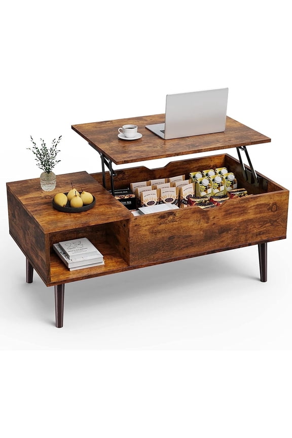 Adjustable Height Wooden Coffee Table with Hidden Compartments and Shelves - Perfect for Small Homes, Apartments, Reception Rooms, Rust Brown
