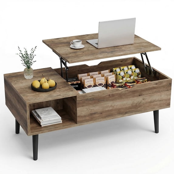 edx Adjustable Height Wooden Coffee Table with Hidden Compartments and Shelves - Perfect for Small Homes, Apartments, Reception Rooms, Wood Grain