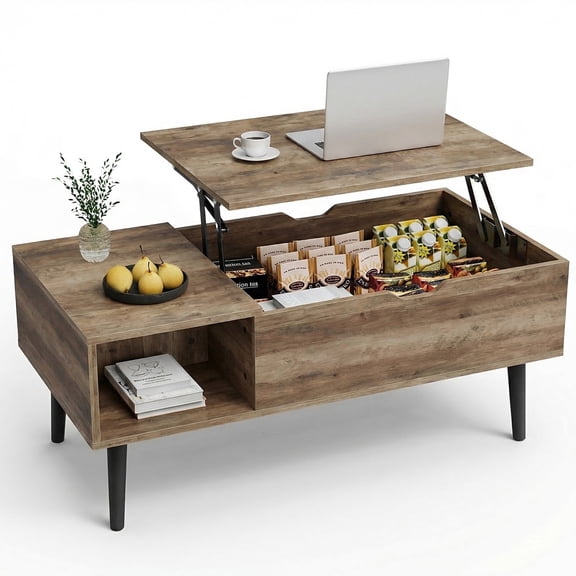 edx Adjustable Height Wooden Coffee Table with Hidden Compartments and Shelves - Perfect for Small Homes, Apartments, Reception Rooms, Wood Grain