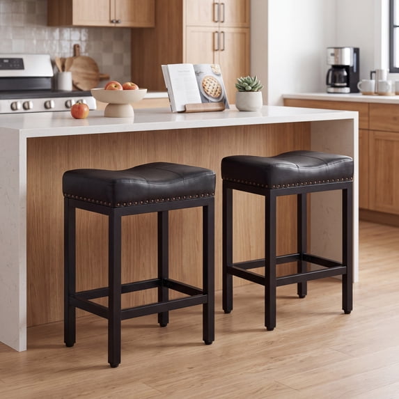 edx Bar Stools Set of 2, Modern Counter Height, 24 Inch Kitchen Barstools with Metal Base, PU Leather Saddle Seats for Kitchen Island, Black