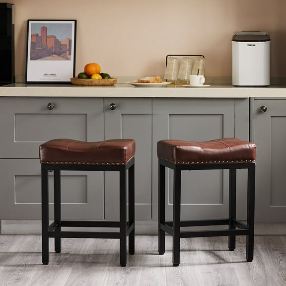 edx Bar Stools Set of 2, Modern Counter Height, 24 Inch Kitchen Barstools with Metal Base, PU Leather Saddle Seats for Kitchen Island, Brown