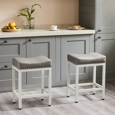 edx Bar Stools Set of 2, Modern Counter Height, 24 Inch Kitchen Barstools with Metal Base, PU Leather Saddle Seats for Kitchen Island, Gray
