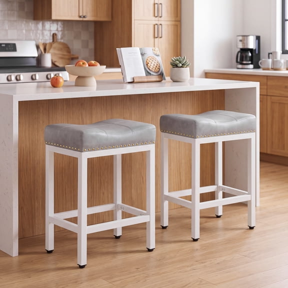 edx Bar Stools Set of 2, Modern Counter Height, 24 Inch Kitchen Barstools with Metal Base, PU Leather Saddle Seats for Kitchen Island, Gray