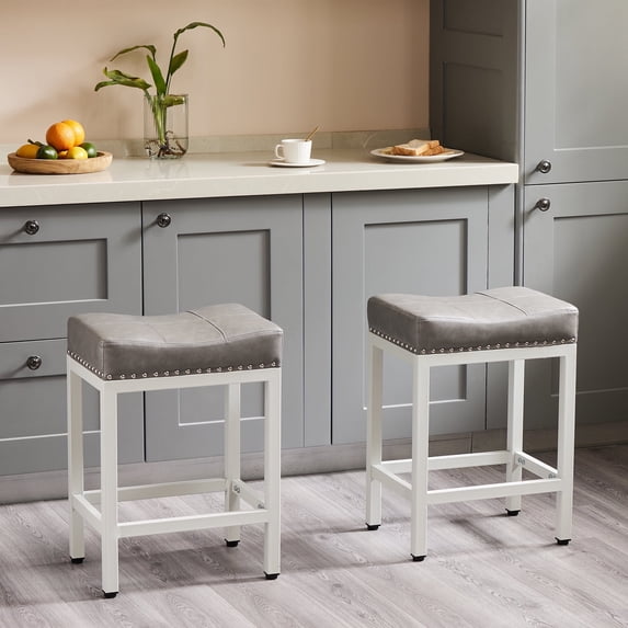 edx Bar Stools Set of 2, Modern Counter Height, 24 Inch Kitchen Barstools with Metal Base, PU Leather Saddle Seats for Kitchen Island, Gray