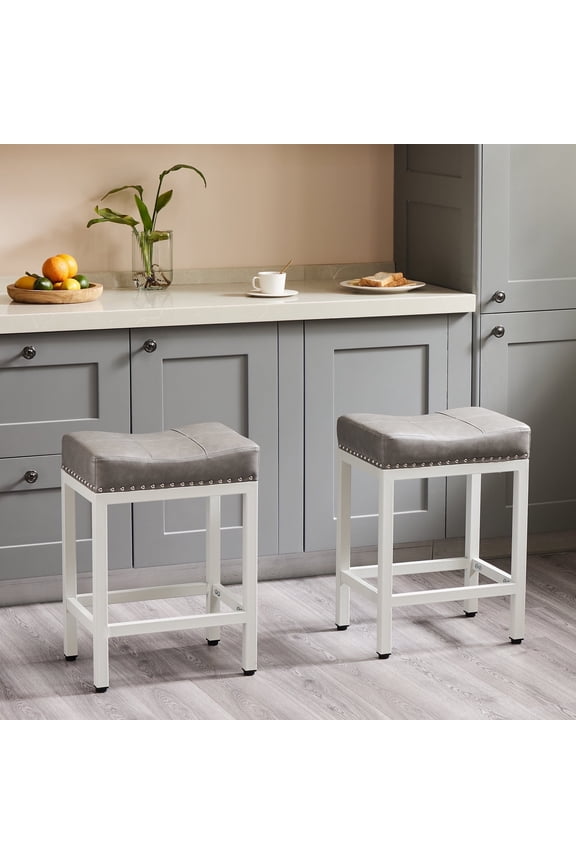 Bar Stools Set of 2, Modern Counter Height, 24 Inch Kitchen Barstools with Metal Base, PU Leather Saddle Seats for Kitchen Island, Gray