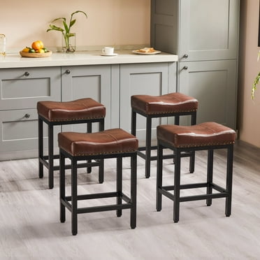 edx Bar Stools Set of 4, Modern Counter Height, 24 Inch Kitchen Barstools with Metal Base, PU Leather Saddle Seats for Kitchen Island, Brown