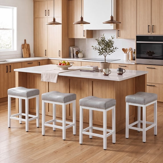 edx Bar Stools Set of 4, Modern Counter Height, 24 Inch Kitchen Barstools with Metal Base, PU Leather Saddle Seats for Kitchen Island, Gray
