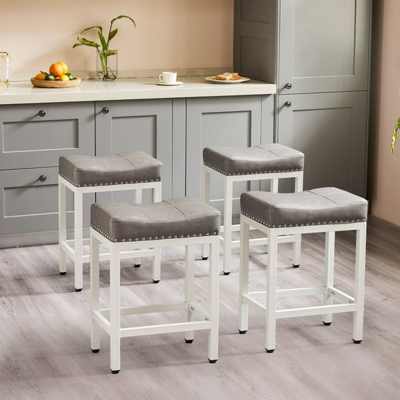edx Bar Stools Set of 4, Modern Counter Height, 24 Inch Kitchen Barstools with Metal Base, PU Leather Saddle Seats for Kitchen Island, Gray