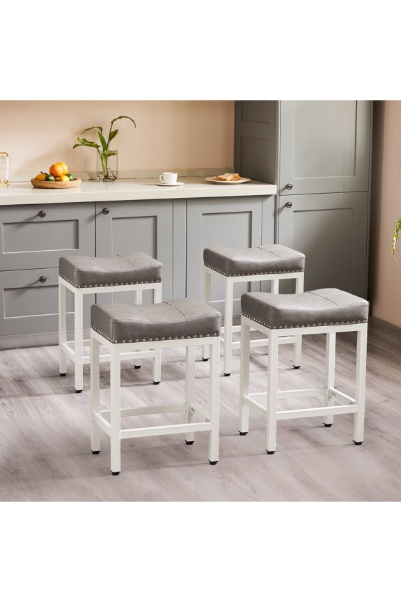 Bar Stools Set of 4, Modern Counter Height, 24 Inch Kitchen Barstools with Metal Base, PU Leather Saddle Seats for Kitchen Island, Gray