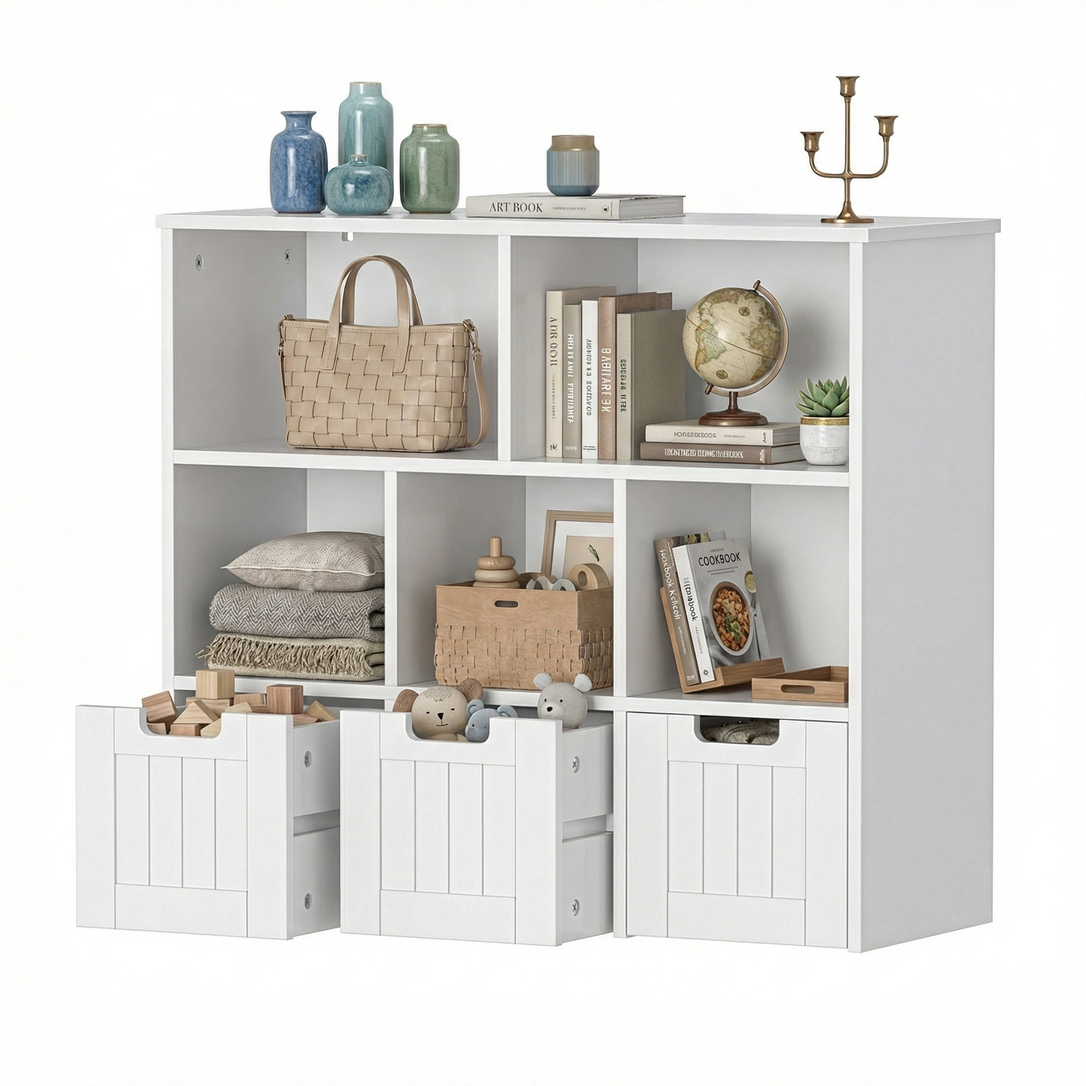 edx Bookshelf with 3 Drawers and 5 Open Compartments, Display Storage Bookcase for Home, Office, White