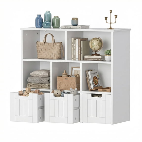 edx Bookshelf with 3 Drawers and 5 Open Compartments, Display Storage Bookcase for Home, Office, White