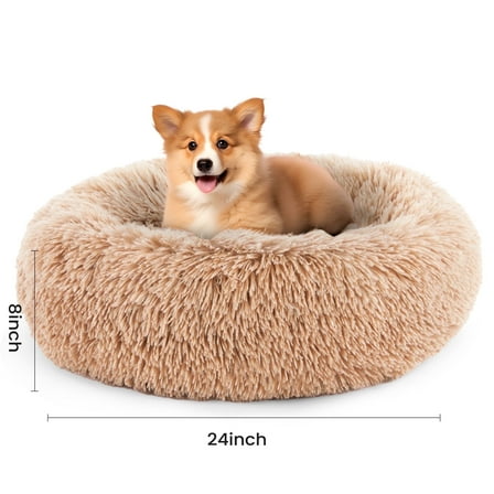 edx Calming 24" Donut Dog Bed, Soft Warm Plush Round Fluffy Ped Bed for Medium Dogs, Machine Washable, Brown