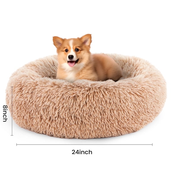 edx Calming 24" Donut Dog Bed, Soft Warm Plush Round Fluffy Ped Bed for Medium Dogs, Machine Washable, Brown