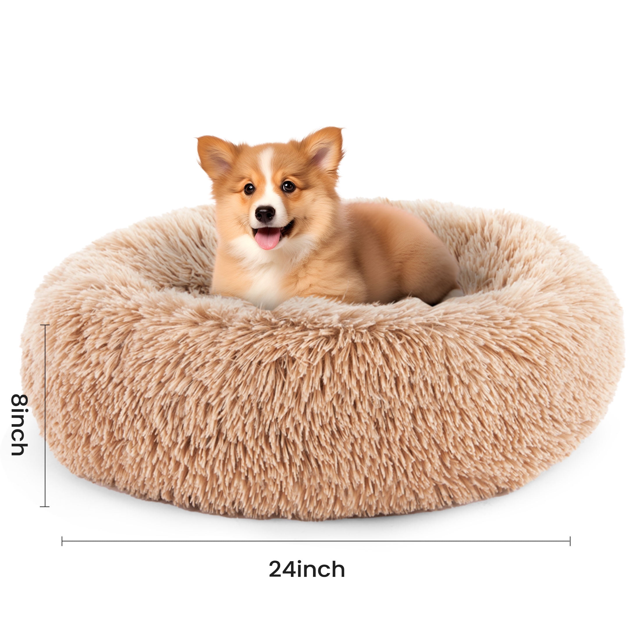 edx Calming 24” Donut Dog Bed, Soft Warm Plush Round Fluffy Ped Bed for Medium Dogs, Machine Washable, Brown
