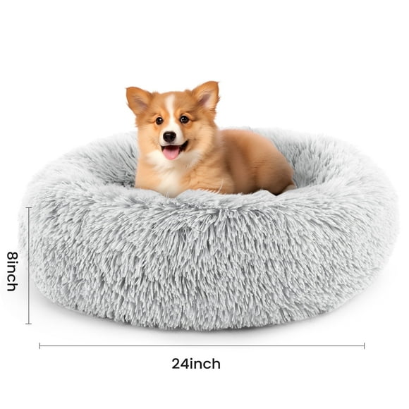 edx Calming 24" Donut Dog Bed for Medium Dogs/Cats, Soft Warm Cozy Plush Round Fluffy, Machine Washable, Gray
