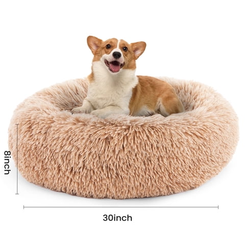 edx Calming 30" Donut Dog Bed, Soft Warm Cozy Plush Round Fluffy Pet Bed for Large Dogs, Machine Washable, Brown