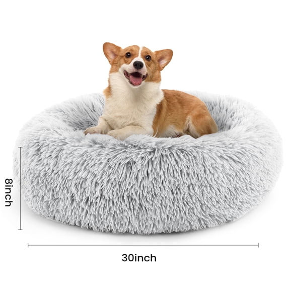 edx Calming 30" Donut Dog Bed for Large Dogs/Cats, Soft Warm Cozy Plush Round Fluffy, Machine Washable, Gray