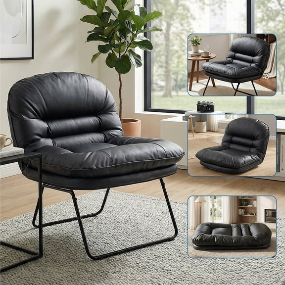 edx 3-in-1 Folding Chair/Office Chair/Comfy Saucer Chair, Small Sofa Chair with Backrest, Suitable for Bedroom/Dorm/Gaming Foldable Padded Chair, Leather Black