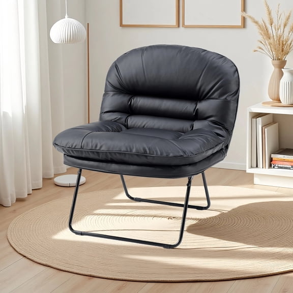 edx 3-in-1 Folding Chair/Office Chair/Comfy Saucer Chair, Small Sofa Chair with Backrest, Suitable for Bedroom/Dorm/Gaming Foldable Padded Chair, Leather Black