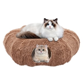 edx Cat Tunnel Bed for Indoor Cats, Soft Plush Peekaboo Hideaway Cave with Circle Cushion, Washable Multifunctional Playground Cat Donut Tunnel for Kittens, Rabbit, Ferret, Brown