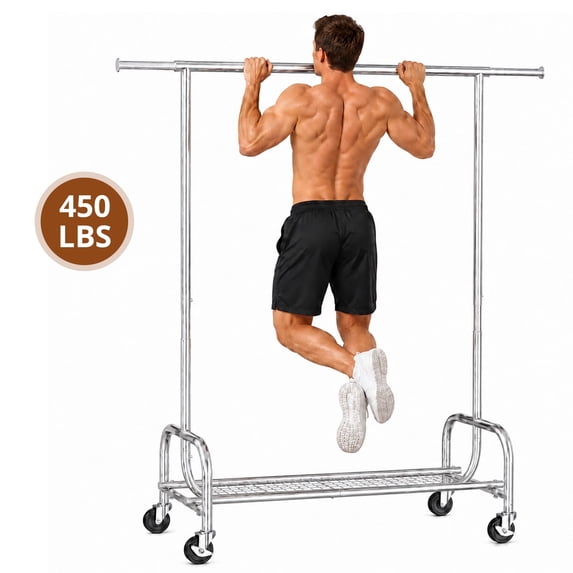 edx Clothes Rack, Heavy‑Duty Metal Clothing Rack for Hanging Clothes with Mesh Shelf & Lockable Wheels, Versatile Rolling Garment Organizer with Extendable Rod for Bedroom Laundry, Silver