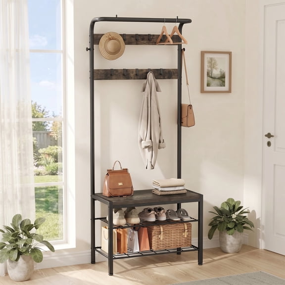 edx 4-in-1 Coat Rack with Shoe Bench and Hall Tree, entryway bench with 10 Removable Coat Hooks, Sturdy Steel & Wood Entryway Organizer, Anti-Tip Design, Gray