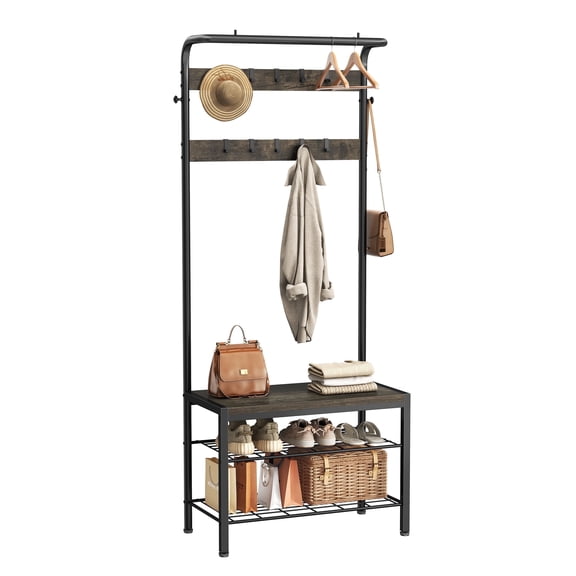 edx 4-in-1 Coat Rack with Shoe Bench and Hall Tree, entryway bench with 10 Removable Coat Hooks,&nbsp;Sturdy Steel & Wood Entryway Organizer, Anti-Tip Design, Gray
