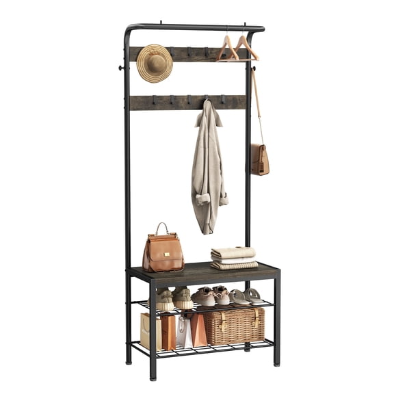 edx 4-in-1 Coat Rack with Shoe Bench and Hall Tree, Sturdy Steel & Wood Entryway Organizer with 10 Removable Hooks, Anti-Tip Design,Gray